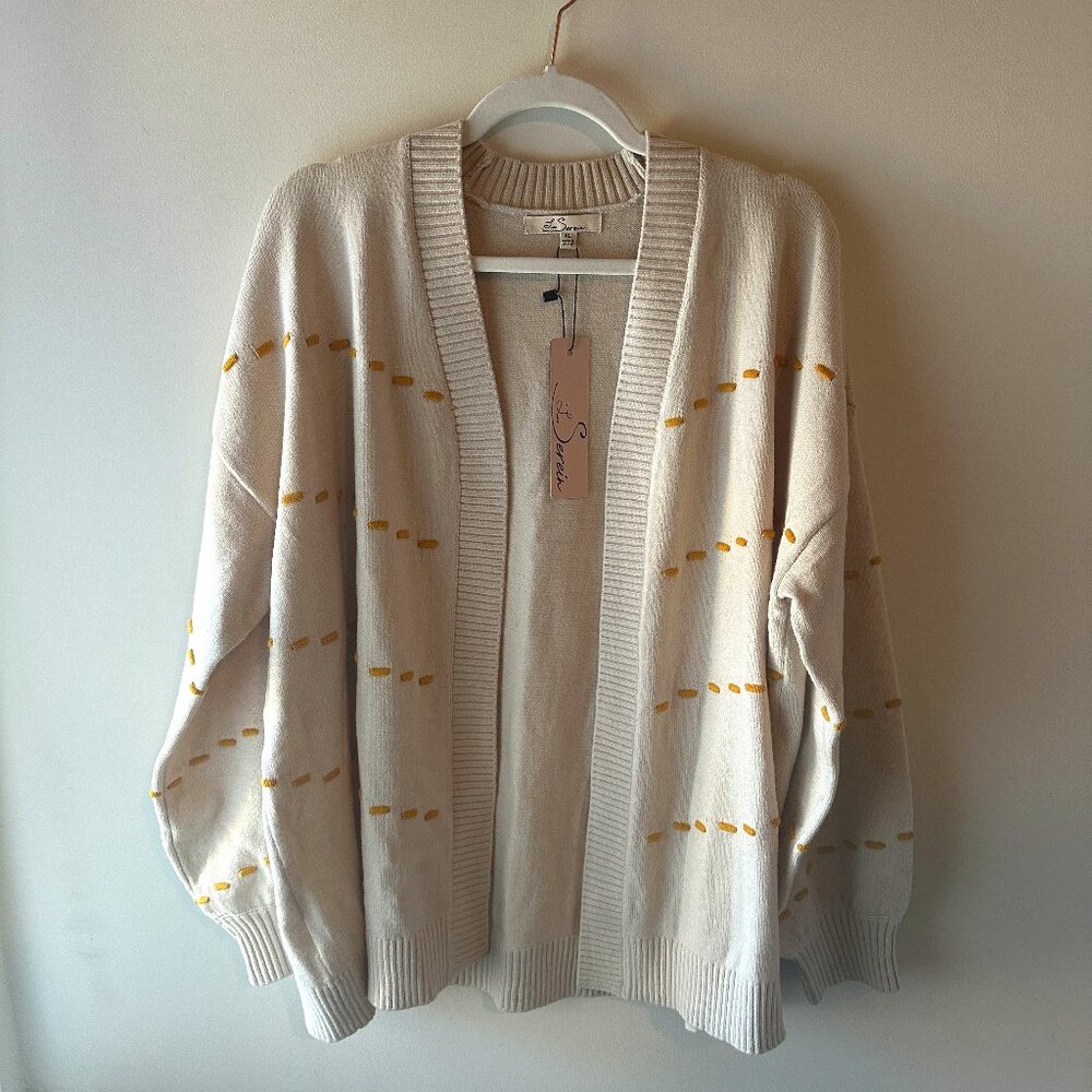 NWT Les Serein Petunia Beige Open Front Cardigan Yellow Stitch Detail | Size XL